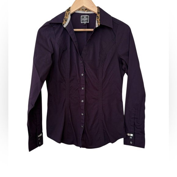 Express Deep Purple Button Down Shirt Leopard Trim Collar Women Small - Picture 2 of 11